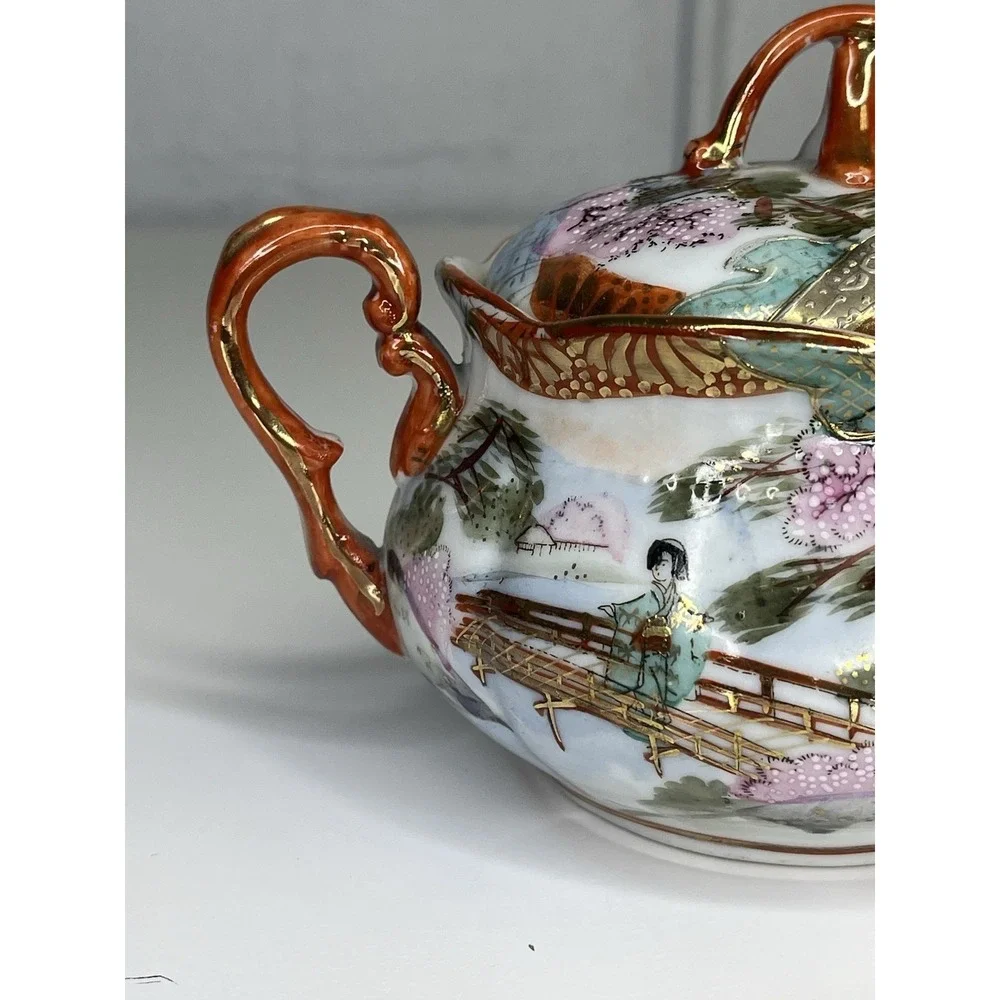 Vintage Kutani Geisha Sugar Bowl BiBi Japan Red Gold Porcelain Hand Painted‎